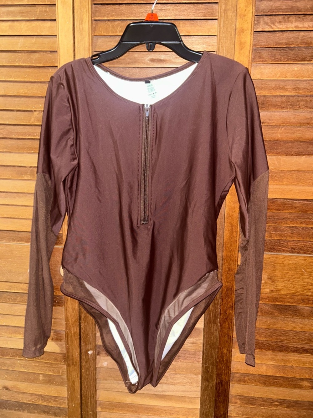 Forever 21 Brown Front-Zip long sleeve swim wear with mesh accents sz L